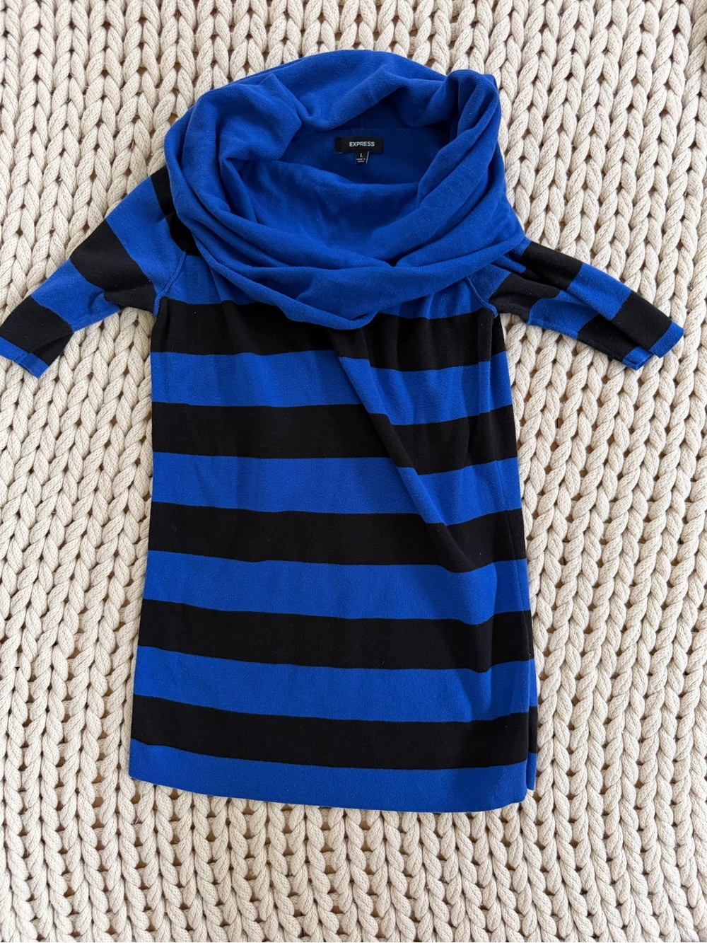 Express Royal Blue and Black Striped Cowl Neck Tunic large 100% cotton
